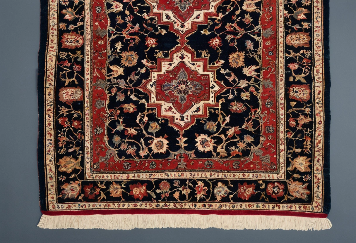 A medallion carpet laid on a polished stone floor in a gallery-like exhibition interior