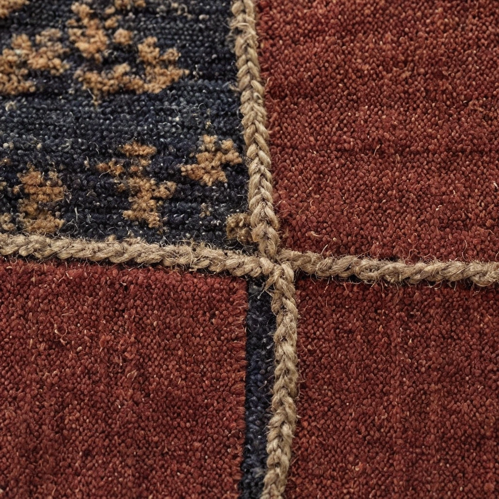 Close-up of worn pile on an antique hand-knotted wool carpet with an older reweave patch in a different madder red tone