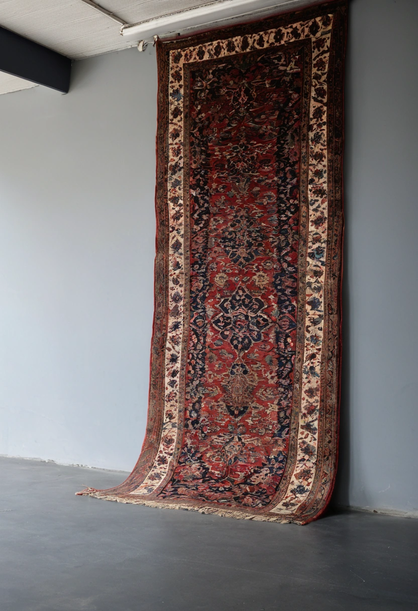 A rolled antique wool-pile carpet standing against a plain wall in a vacant viewing room